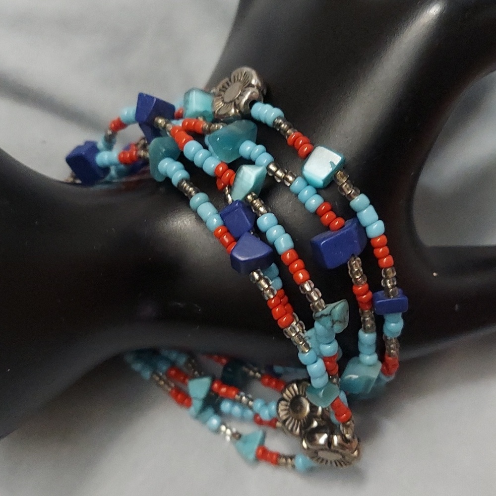 Boho Blue Red 5 Multi Strand Elastic Slip On Beaded Bracelet